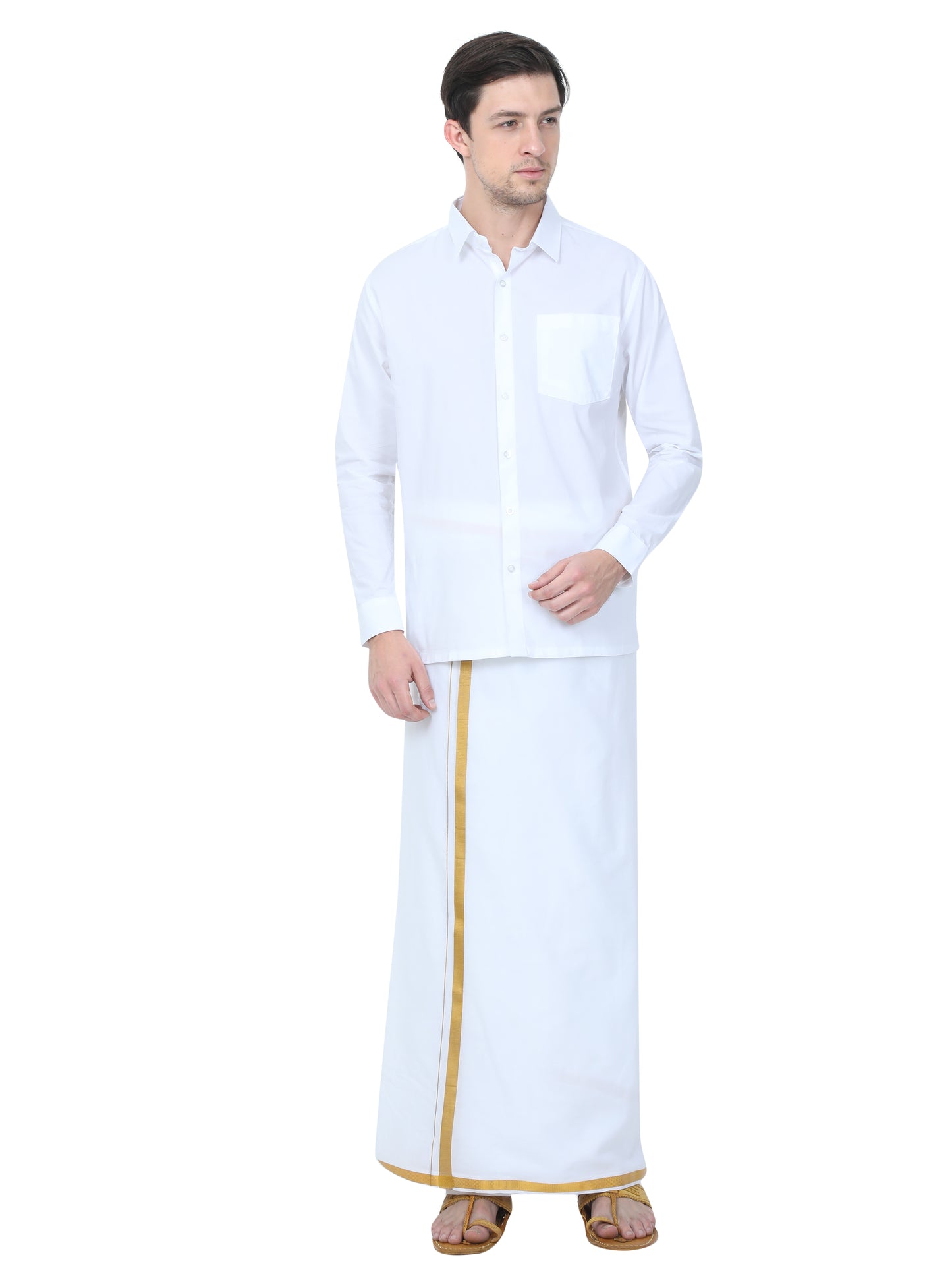 Classic White Dhoti With Gold Jari Border