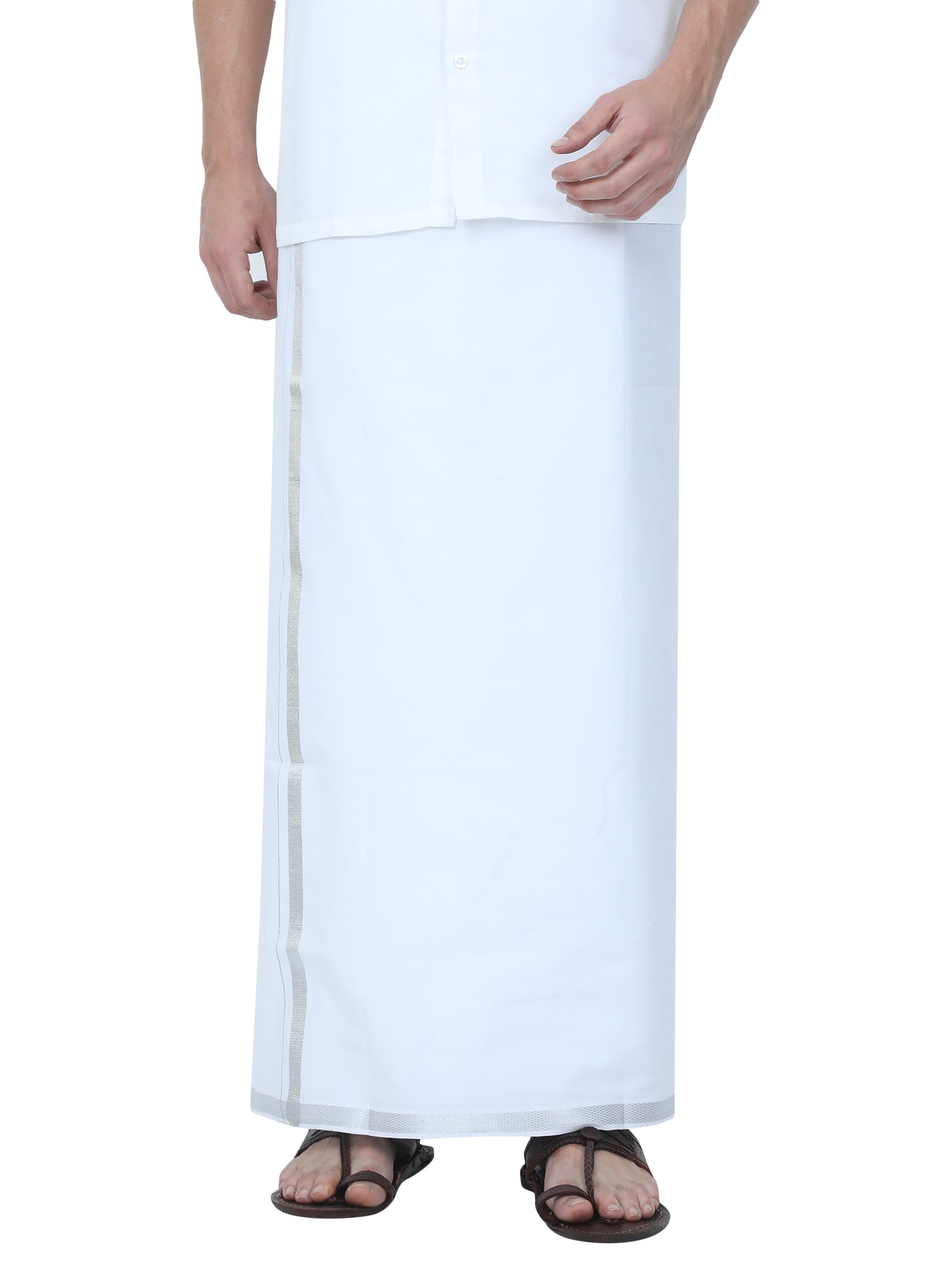 Classic White Dhoti With Silver Jari Border